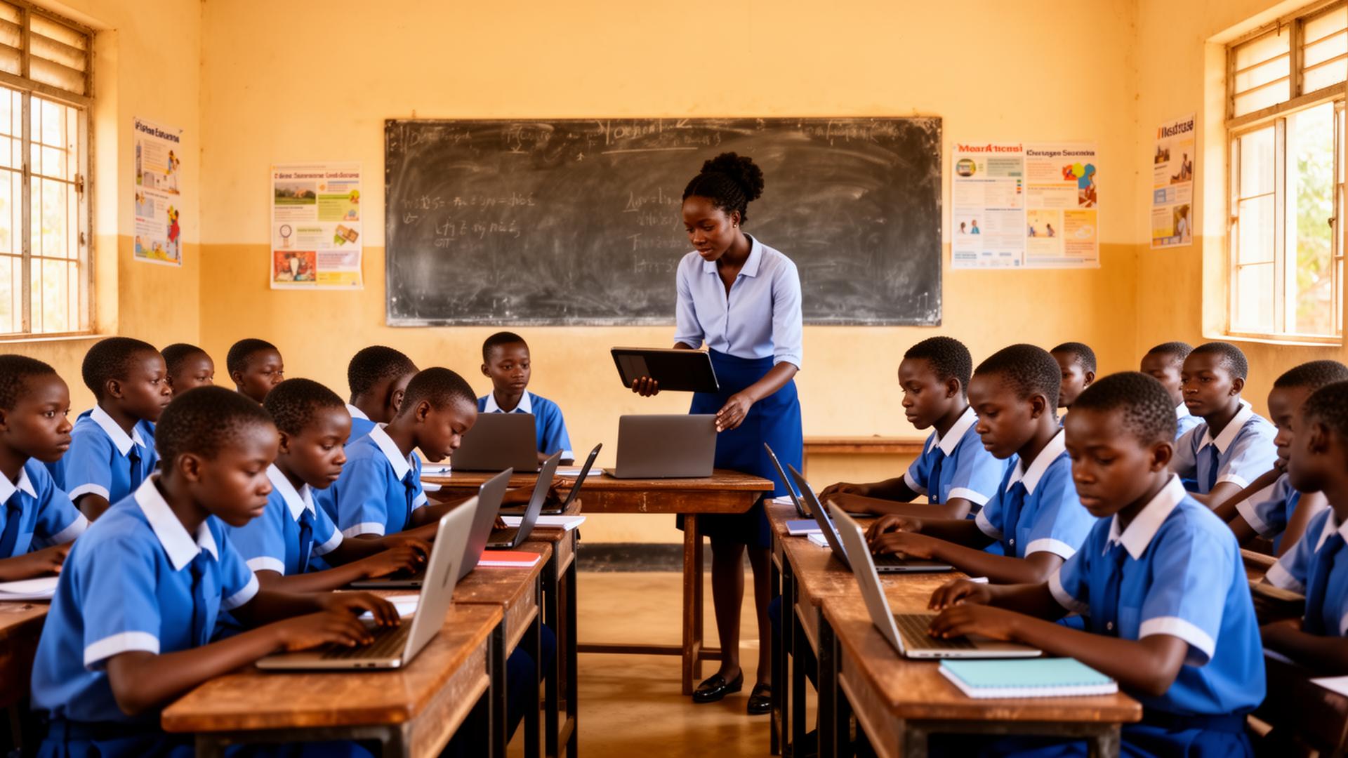 African students learning with laptops in a modern classroom